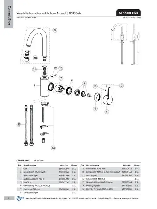 Waschtischarmatur von Ideal Standard mit einem hohen Auslauf, bestehend aus verschiedenen Einzelteilen zur Montage, dargestellt in einer schematischen Explosion.